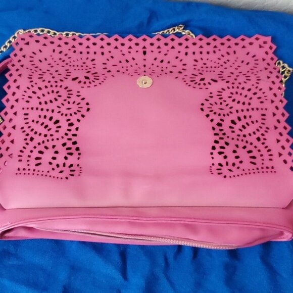 Yoki pink laser cut soft faux leather crossbody bag wristlet clutch - Picture 6 of 16